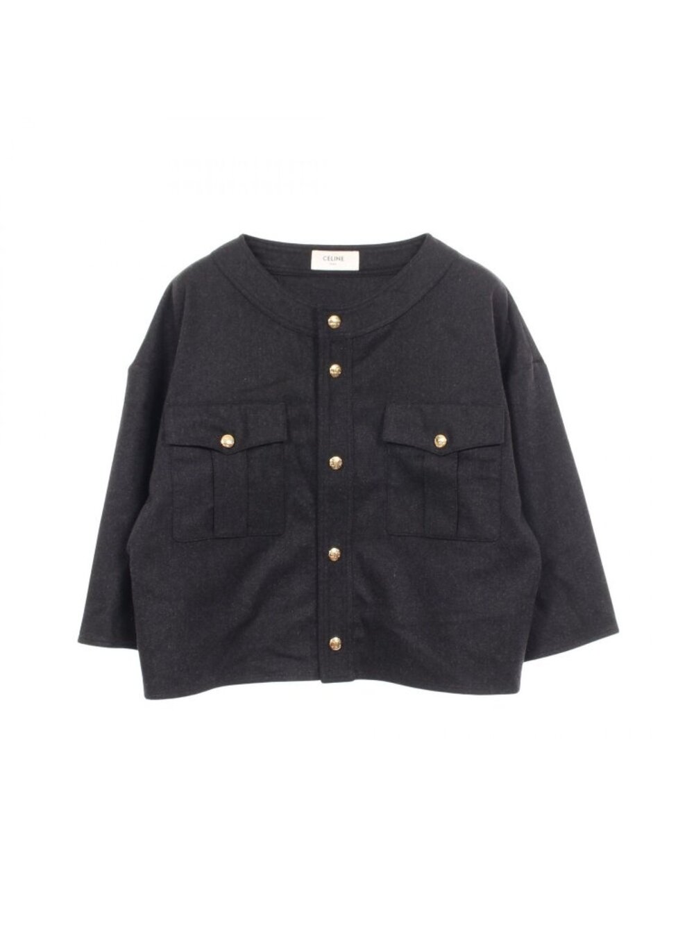 Celine Collarless Jacket Crop Top Triomphe Button Flap Pocket Cashmere